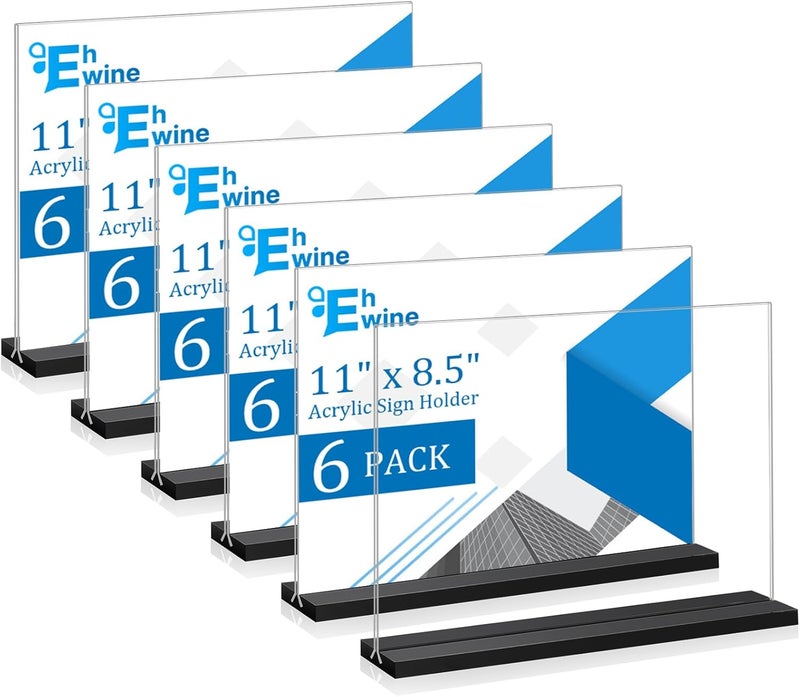 EHWINE 6 Pack Acrylic Sign Holder 8.5 x 11 Horizontal, Double-Sided Stand up Table Top Sign Holders, Clear Acrylic Picture Frame Menu Flyer Paper Holder Display Stand for Office Business Store Wedding Party(Black Base) - Image 1